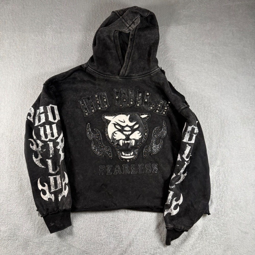 Publik Hoodie Womens S Black Go Wild Fearless Studded Graphic Acid Wash Crop